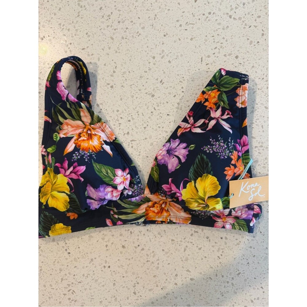 Kona Sol Navy Floral Bikini Top with Orange, Pink & Purple Blooms S